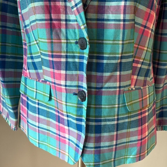 NWOT Talbots Madras linen plaid sunshine blazer 2 button front ruffle cuff 6 - Picture 15 of 17
